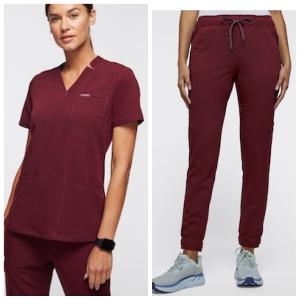 Jaanuu Scrub Set 3 Pocket Scrub Top & Mesh Enhanced Scrub Jogger Wine Small/Med